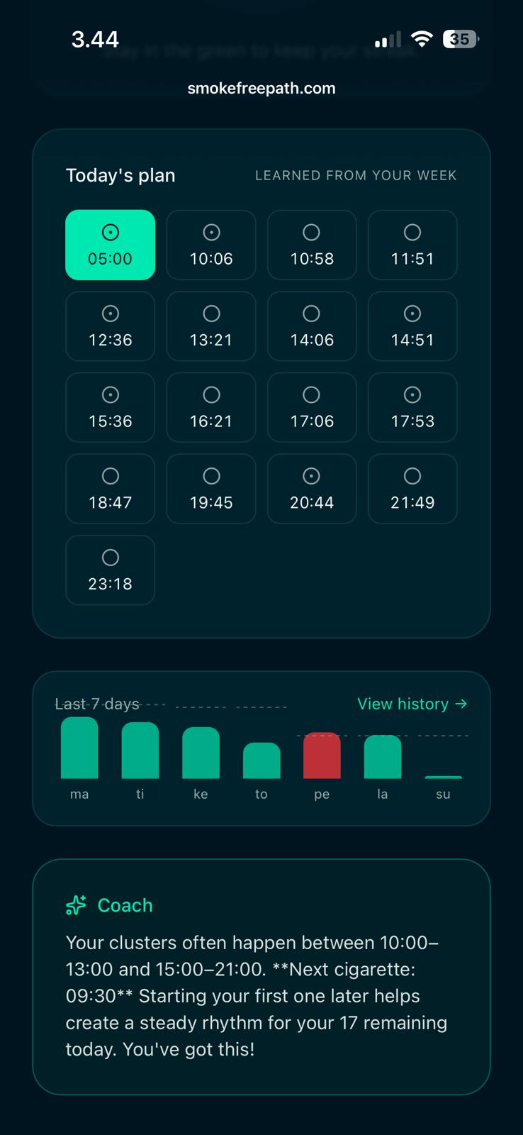 Ember today's plan with time slots, last 7 days chart, and coach tip