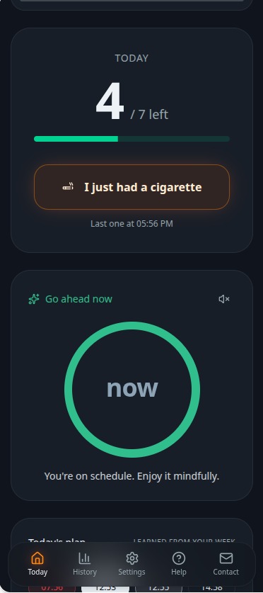 Ember today screen showing remaining cigarettes and countdown to next slot