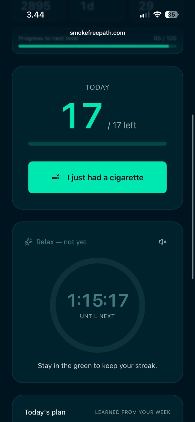 Ember today screen showing remaining cigarettes and countdown to next slot
